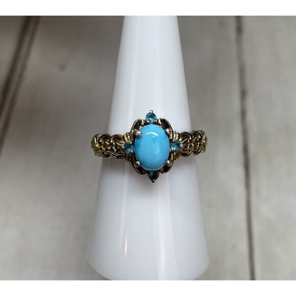 Delicate STS Turquoise and Neon Apatite 925 SS Ring Two Toned Sz 7 - Picture 1 of 8